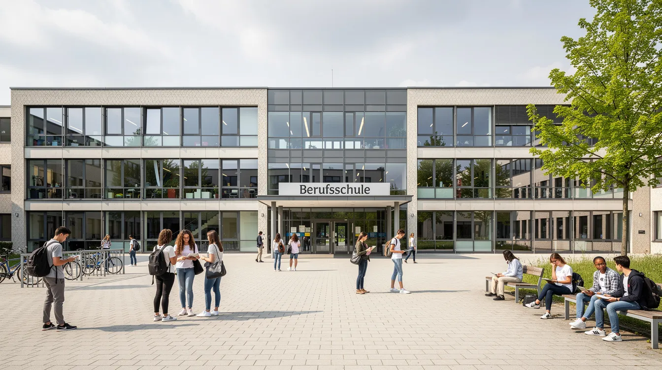 Die moderne Berufsschule ist von außen sichtbar, umgeben von Schülerinnen und Schülern, die sich auf dem Schulhof aufhalten. Diese Szene zeigt das lebendige Umfeld der beruflichen Bildung, in dem Jugendliche sich auf ihre Ausbildung und zukünftige Berufstätigkeiten vorbereiten.