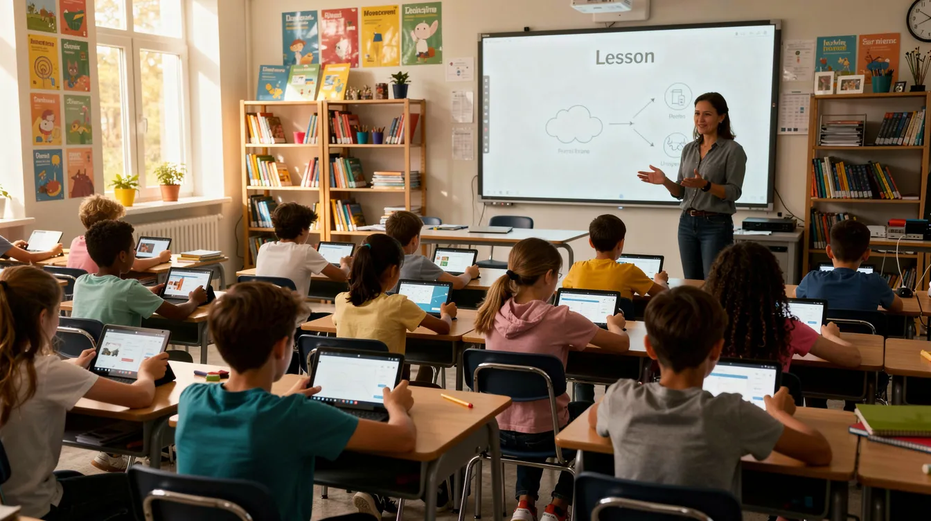Das Bild zeigt ein Klassenzimmer, in dem Schüler mit Tablets arbeiten, während ein Lehrer neben einem digitalen Whiteboard steht. Die Schüler nutzen moderne Lernmaterialien, um den Unterricht interaktiv zu gestalten, was die Beliebtheit von digitalen Lehrbüchern und Online-Unterricht unterstreicht.