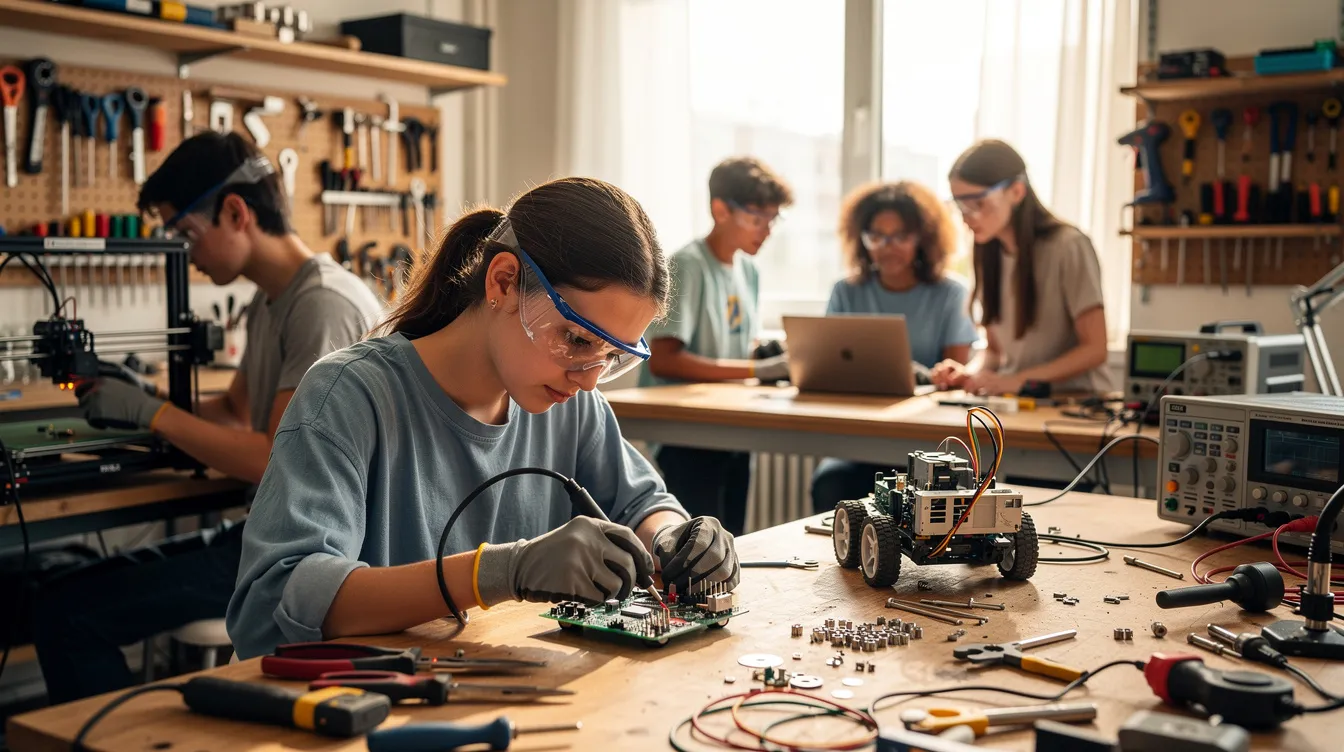 In der Werkstatt arbeiten junge Menschen an verschiedenen technischen Geräten und Werkzeugen, die für die Berufsausbildung und den Erwerb der Fachhochschulreife wichtig sind. Die Atmosphäre ist geprägt von praktischer Anwendung und dem Ziel, technische Kenntnisse für das Studium an einer Fachhochschule zu erlangen.