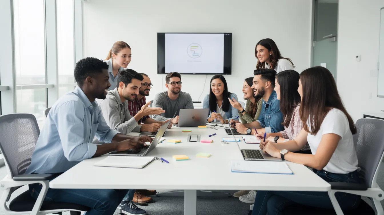 Eine vielfältige Gruppe von Schülerinnen und Schülern diskutiert lebhaft an einem Tisch in einem modernen Klassenzimmer. Sie tauschen Ideen aus und arbeiten gemeinsam an ihrem Unterrichtsmaterial, unterstützt von der Nutzung von KI-Tools.