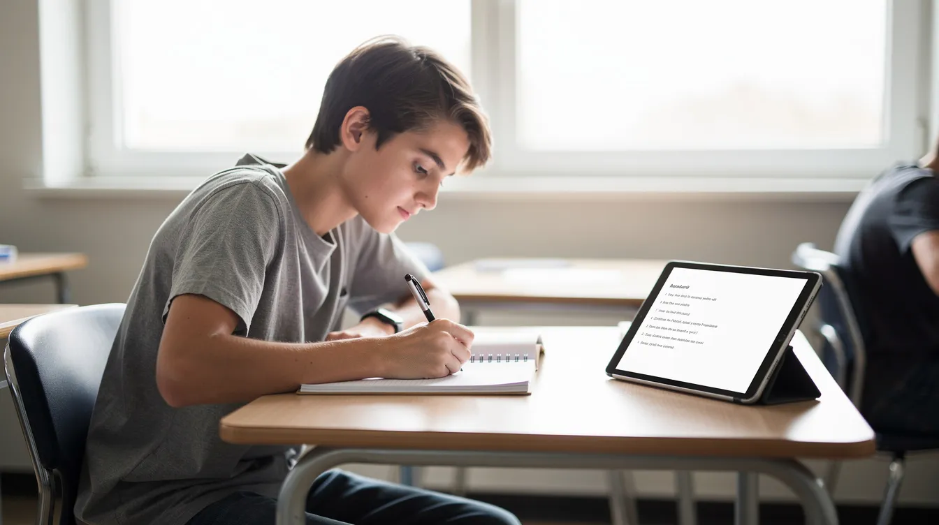 Ein Schüler sitzt an einem Schreibtisch und schreibt in ein Notizbuch, während ein Tablet mit Text neben ihm steht. Diese Szene verdeutlicht den Schulalltag und die Nutzung von digitalen Unterrichtsmaterialien zur Lernbegleitung.