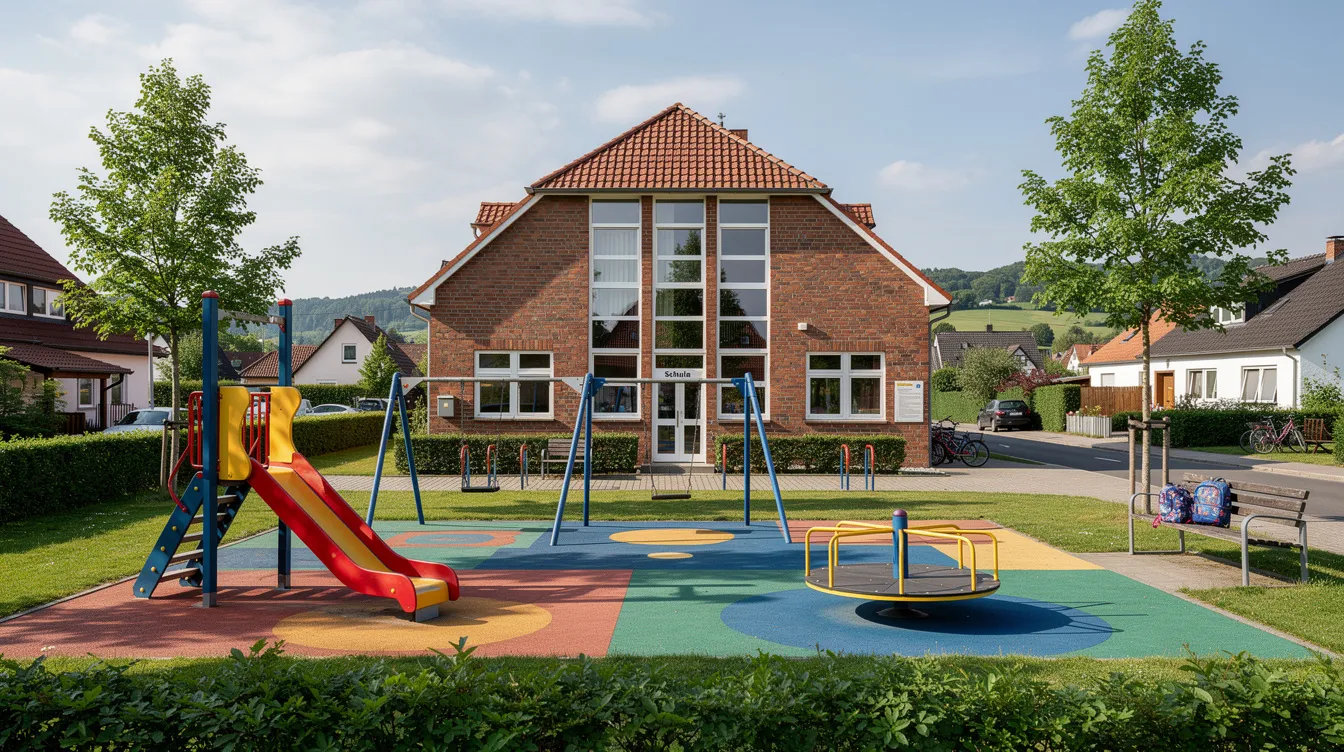 Das Bild zeigt ein rotes Backsteingebäude der Eilsleben Freien Grundschule, umgeben von einem bunten Spielplatz und einem grünen Schulhof. Hier spielen Kinder, während im Hintergrund die Ernst-Thälmann-Straße verläuft, was die lebendige Atmosphäre der kleinen deutschen Gemeinde unterstreicht.