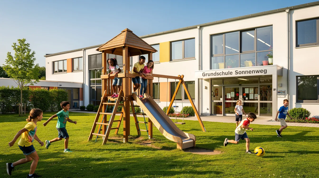 Auf einem grünen Rasen neben der Eilsleben Freien Grundschule spielen fröhliche Kinder, während einige von ihnen auf einem Holzspielgerät klettern. Die Sonne scheint hell und sorgt für eine angenehme Atmosphäre auf dem Schulgelände.