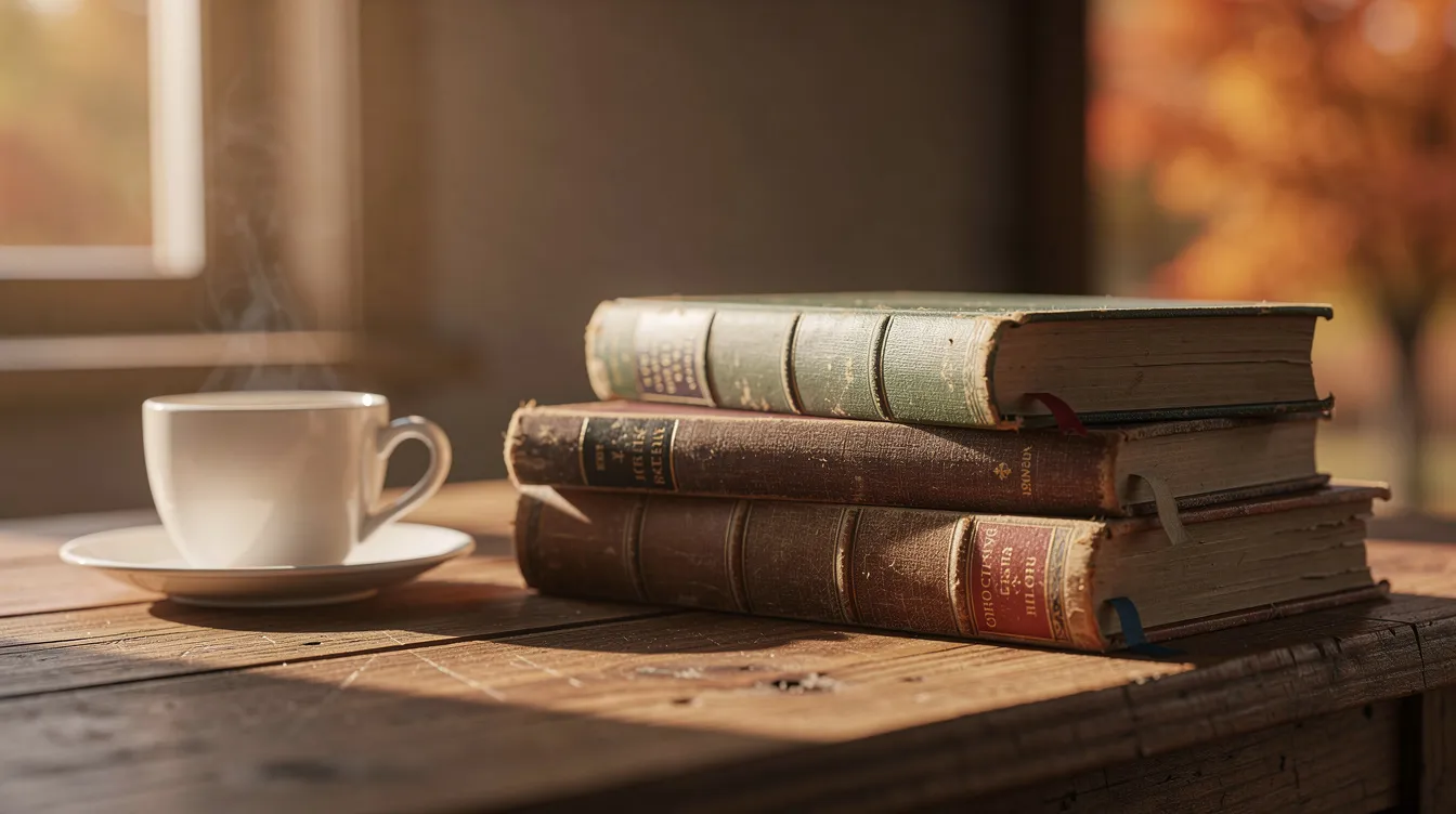 Ein Stapel von Büchern, darunter Titel, die für den deutschen Buchpreis 2025 nominiert sind, liegt auf einem hölzernen Lesetisch, während eine Tasse Kaffee im warmen Herbstlicht daneben steht. Diese Szene vermittelt eine gemütliche Leseatmosphäre, die perfekt für die Frankfurter Buchmesse ist.