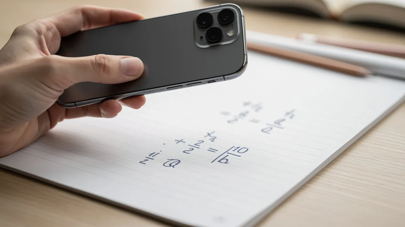 Ein Smartphone-Kamera scannt eine handgeschriebene Mathematikgleichung auf Papier. Diese Technologie, unterstützt durch künstliche Intelligenz, hilft Schülern bei der Lösung ihrer Hausaufgaben, indem sie die Gleichungen Schritt für Schritt erklärt.