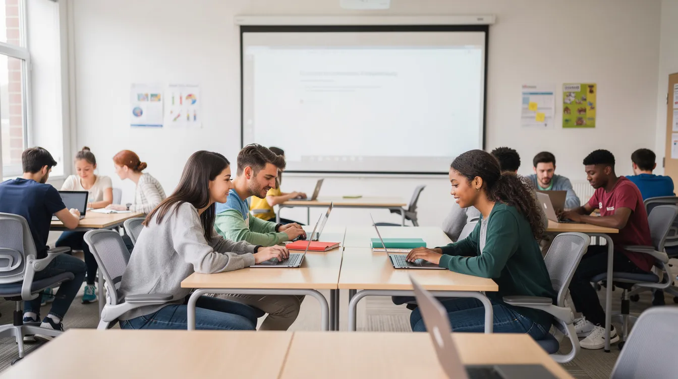 Eine Gruppe von Schülerinnen und Schülern arbeitet konzentriert an Laptops in einem modernen Klassenzimmer, während sie sich mit Themen der künstlichen Intelligenz und den Einsatzmöglichkeiten von KI-Tools im Unterricht beschäftigen. Die Lehrkräfte unterstützen die Schüler*innen bei ihren Aufgaben und fördern den Austausch über die Chancen und Risiken von KI im Bildungsbereich.