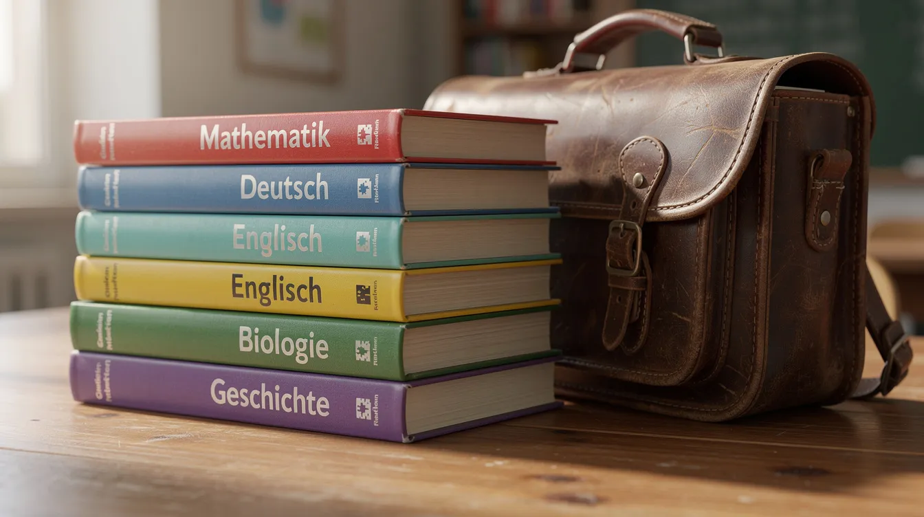 Auf einem Holztisch liegen stapelweise bunte Schulbücher, neben einem Schulranzen, der bereit für den Schulstart ist. Die Bücher umfassen verschiedene Fächer und Ausgabe 2021, ideal für den Schulbedarf und das Lernen im neuen Schuljahr.