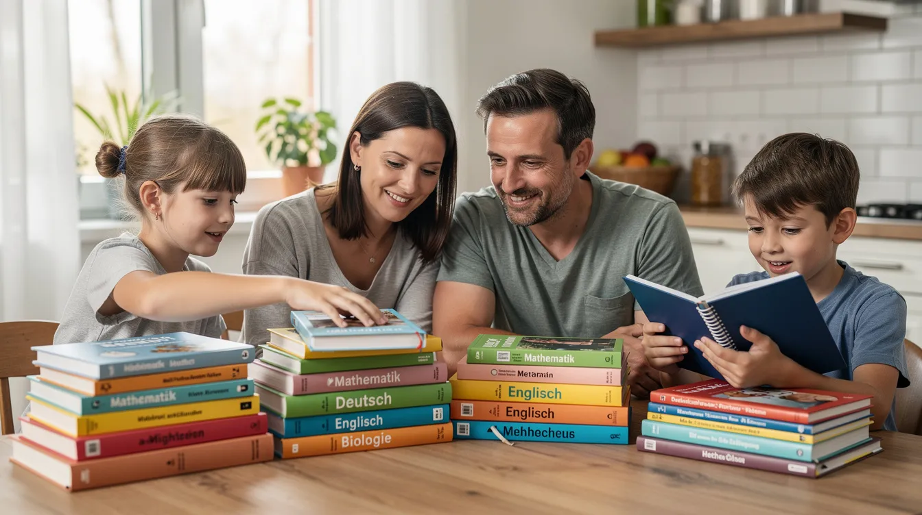 Eine Familie sitzt am Küchentisch und sortiert gebrauchte Schulbücher nach Fächern wie Physik, Chemie und Geschichte. Die Eltern helfen ihren Kindern, die Bücher für das kommende Schuljahr zu ordnen und zu entscheiden, welche Schulbücher sie kaufen oder verkaufen möchten.