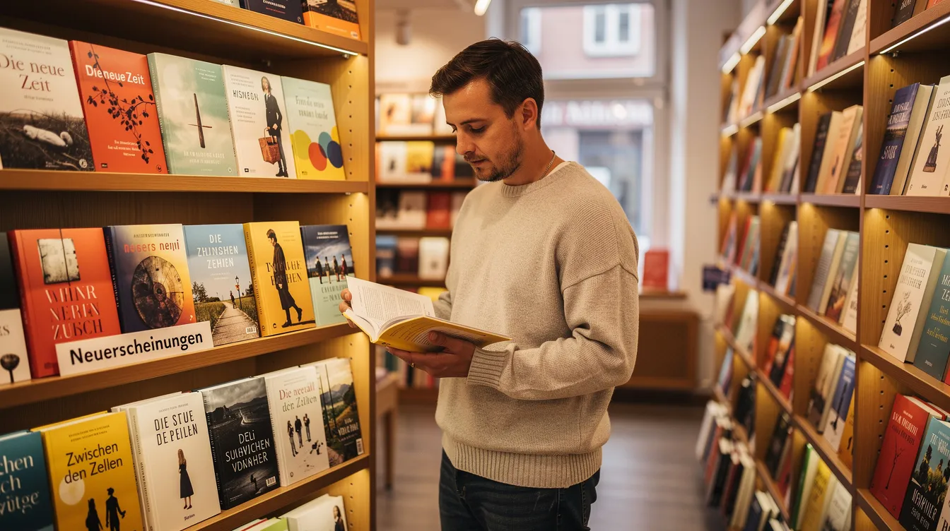 Eine Person steht in einer Buchhandlung und blättert durch ein Regal mit Neuerscheinungen, während sie nach Titeln sucht, die möglicherweise für den Deutschen Buchpreis 2025 in Betracht kommen. Im Hintergrund sind weitere Bücher zu sehen, die die Vielfalt der aktuellen Literatur widerspiegeln.