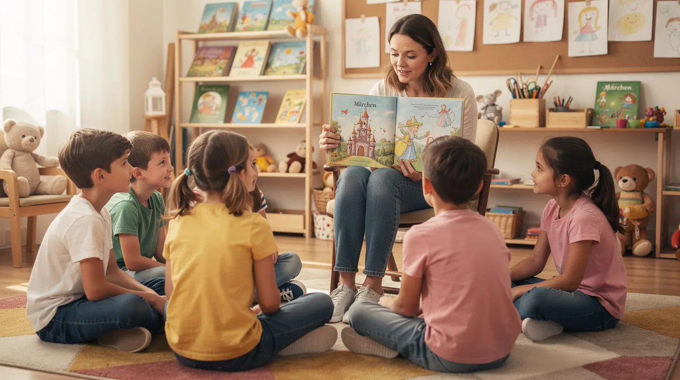 Eine Gruppe von Kindern sitzt im Kreis auf dem Boden und lauscht aufmerksam einer Lehrerin, die aus einem Märchenbuch vorliest. Die Szene findet im Deutschunterricht der Grundschule statt und fördert das Verständnis für verschiedene Zeitformen und das Lesen von Texten.