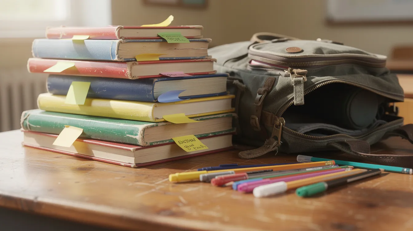 Auf einem Schreibtisch liegen Stapel bunter gebrauchter Schulbücher, die auf den Beginn des neuen Schuljahres vorbereiten. Neben den Büchern befinden sich ein Rucksack und einige Stifte, die auf das Lernen und die Vielfalt der Fächer wie Physik und Chemie hinweisen.