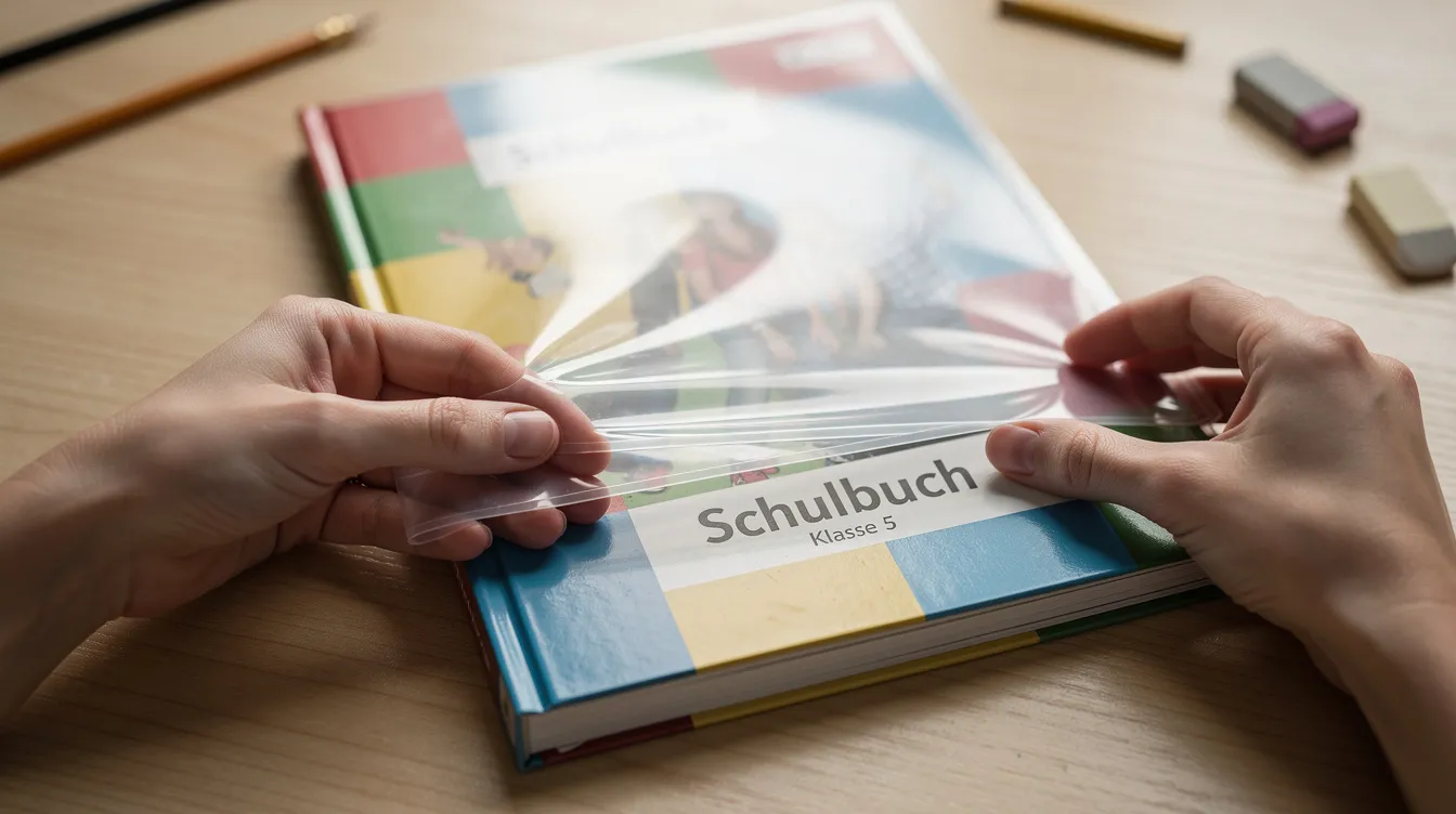 In der Abbildung sind Hände zu sehen, die einen transparenten Buchschoner über ein Schulbuch auf einem Holztisch ziehen. Der Buchschoner schützt das Buch vor Beschädigungen und sorgt für eine längere Lebensdauer im Schulalltag.