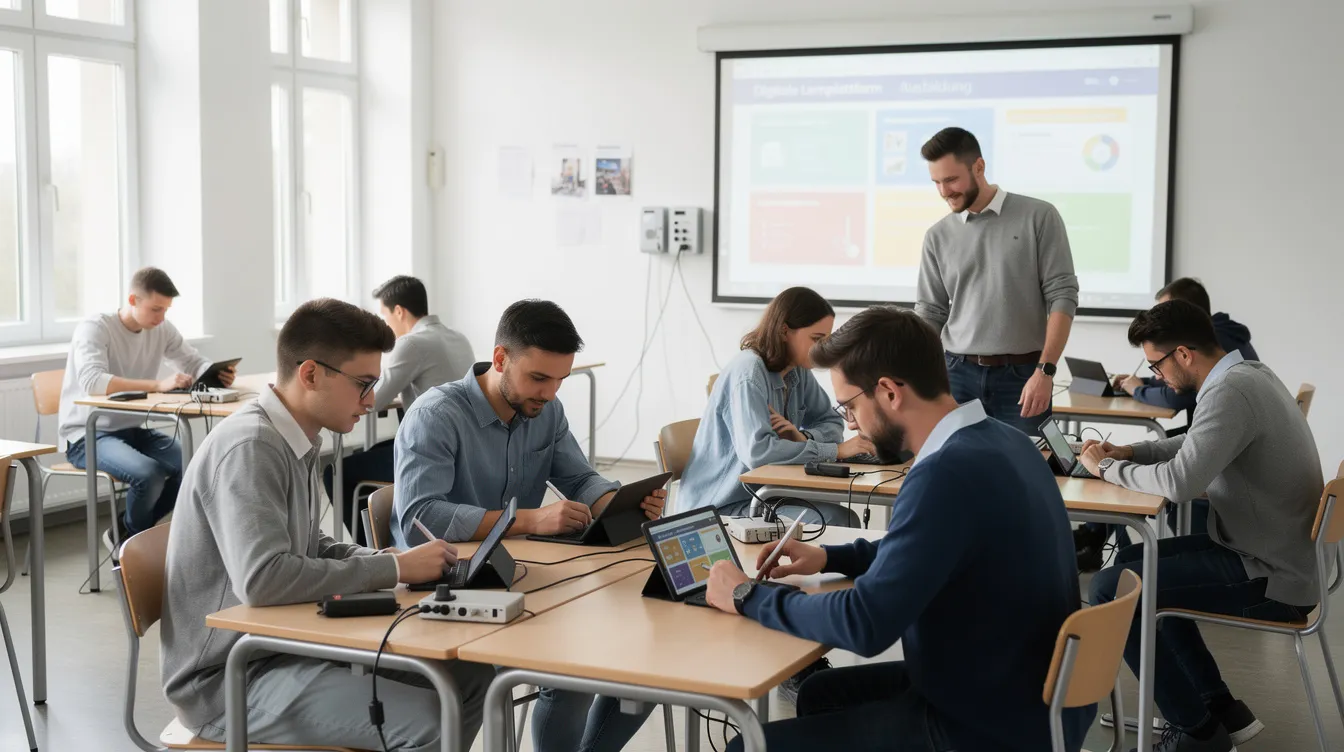 In einem Klassenzimmer arbeiten Auszubildende mit Tablets und digitalen Lernmitteln, um ihre Kenntnisse in verschiedenen Ausbildungsberufen zu erweitern. Die Schülerinnen und Schüler sind aktiv in den Lernprozess eingebunden, was die moderne berufliche Bildung unterstützt.