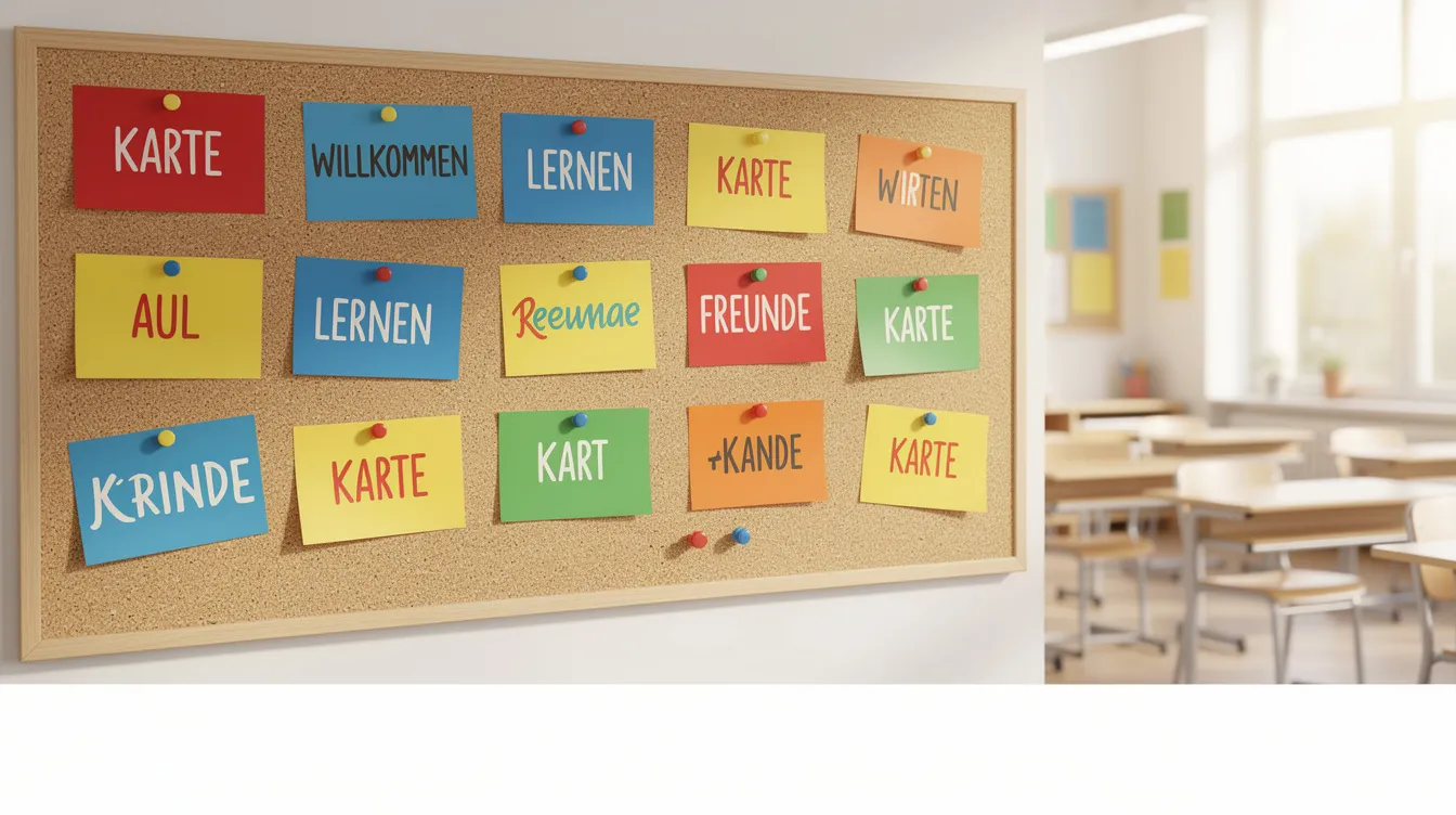 Das Bild zeigt ein buntes Klassenzimmer-Plakat, das an einer Pinnwand hängt. Auf dem Plakat sind verschiedenfarbige Karten angebracht, die als Unterrichtsmaterial für den Deutschunterricht dienen und den Schülern helfen, abwechslungsreiche Satzanfänge zu lernen.