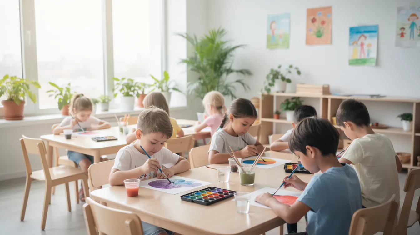 In einem hellen Klassenzimmer der Rudolf Steiner Schule malen Kinder mit Aquarellfarben an Holztischen, umgeben von großen Fenstern und Pflanzen, die eine freundliche Lernatmosphäre schaffen. Diese kreative Aktivität spiegelt die Prinzipien der Waldorfpädagogik wider, die Individualität und Gemeinschaft fördert.