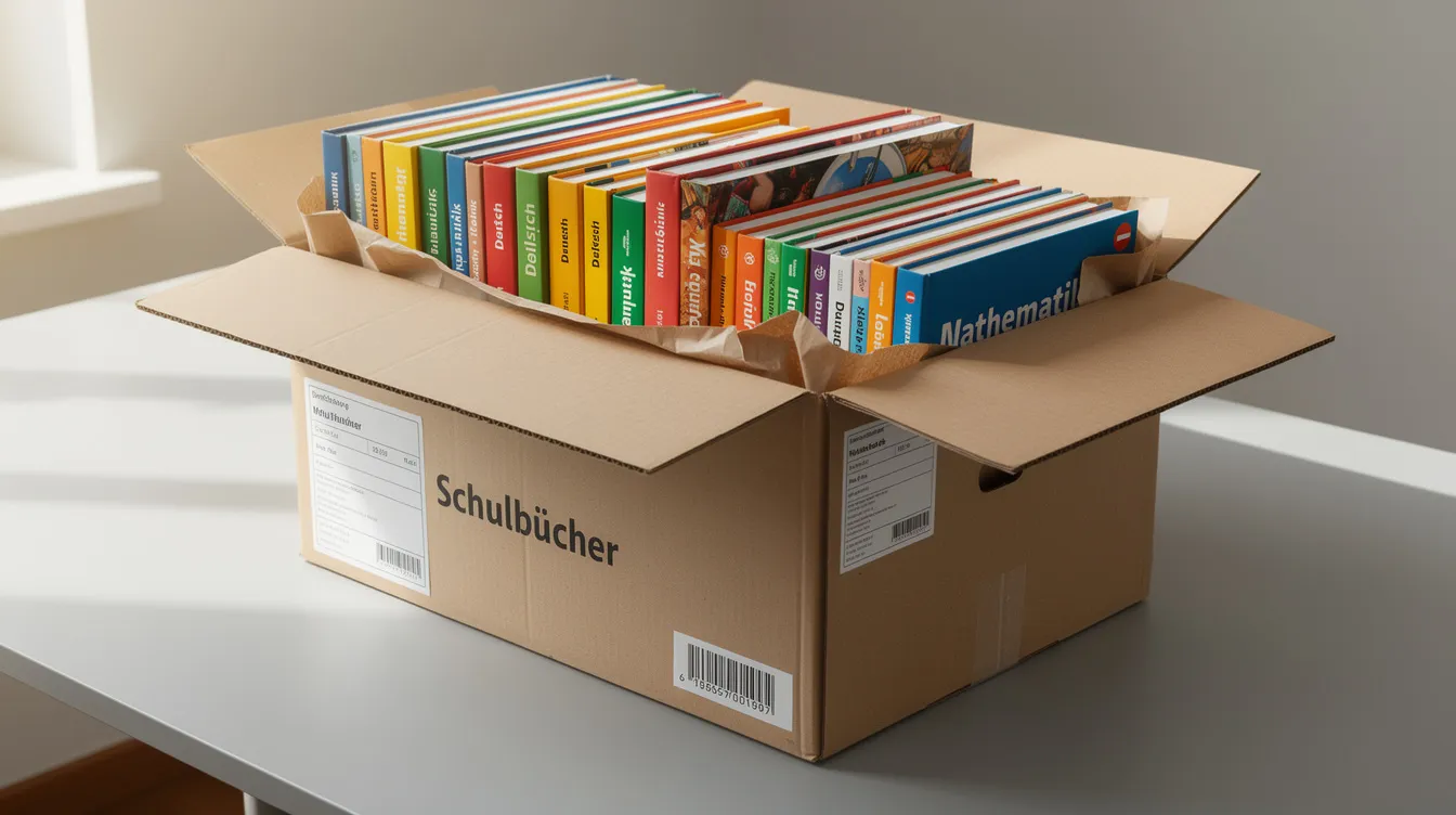 Ein Karton ist ordentlich mit verschiedenen Schulbüchern gefüllt, die bereit zum Versand sind. Die Bücher sind in gutem Zustand und könnten für das kommende Schuljahr von Schülern und Eltern genutzt werden.