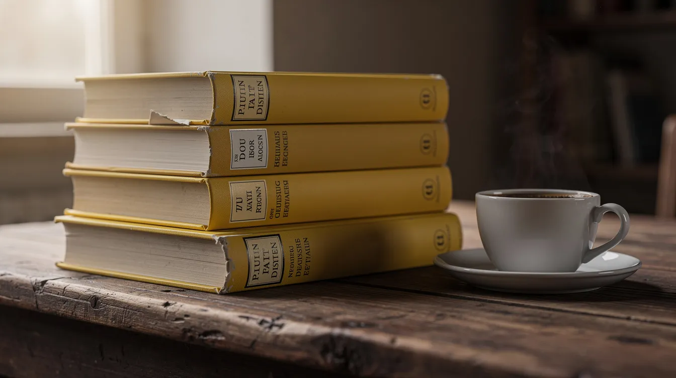Auf einem Holztisch liegt ein Stapel gelber Wörterbücher des Langenscheidt Verlags, die sich mit verschiedenen Sprachen und Bereichen wie Urlaub und Reise befassen. Neben den Büchern steht eine Tasse Kaffee, die eine gemütliche Lernatmosphäre schafft.