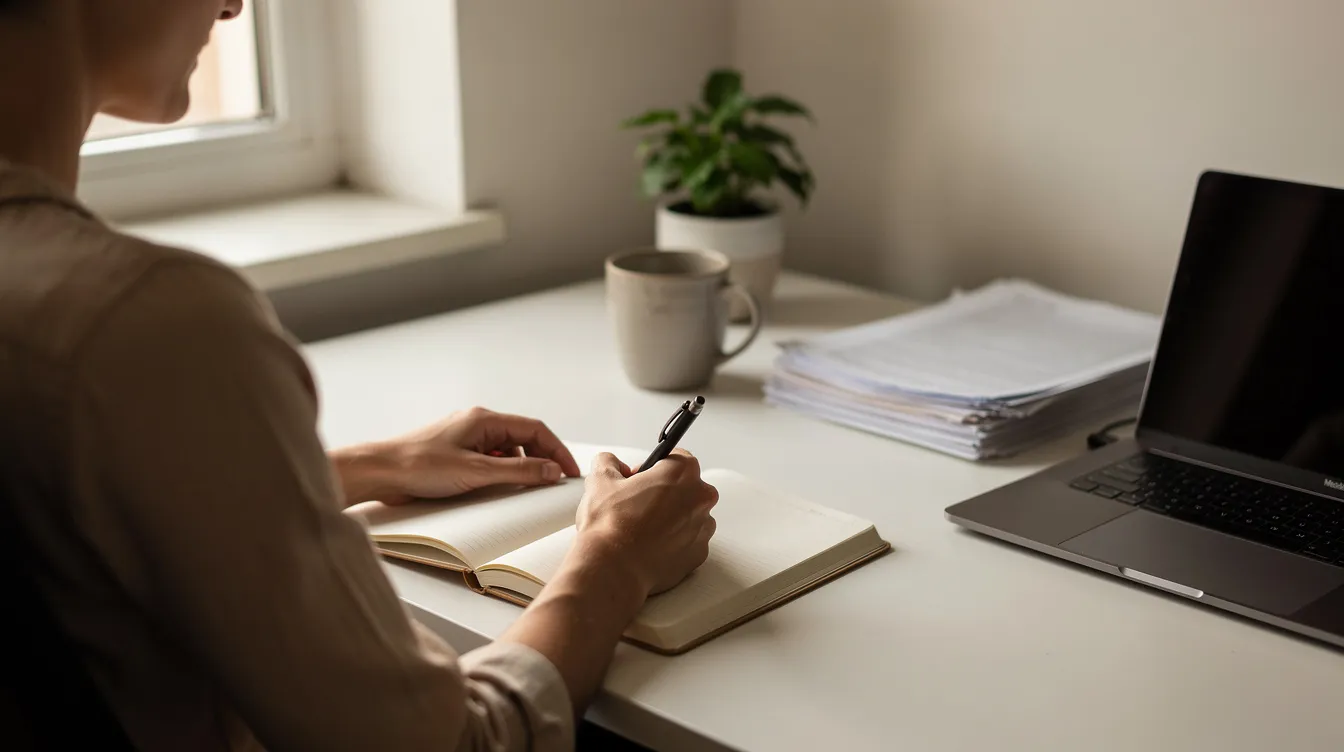 Eine Person sitzt an einem aufgeräumten Schreibtisch und schreibt konzentriert Notizen in ein Notizbuch, während sie sich auf die Prüfungsvorbereitung vorbereitet. Die ruhige Umgebung hilft, Prüfungsängste und Nervosität zu reduzieren.