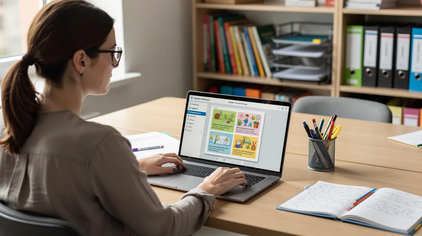 Eine Lehrerin sitzt an ihrem Laptop und bereitet den Unterricht vor, während ein digitales Schulbuch auf dem Bildschirm angezeigt wird. Sie nutzt Materialien des Buchner Verlags, um den Schülerinnen und Schülern wichtige Inhalte in verschiedenen Fächern wie Geschichte und Mathematik näherzubringen.