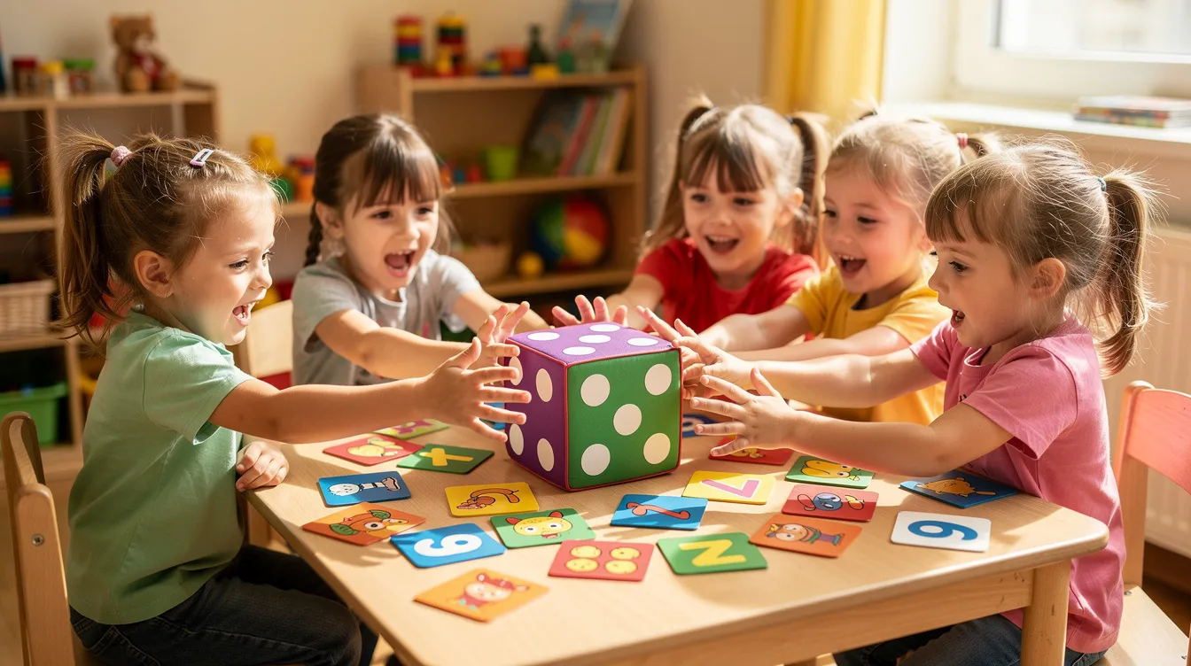 Eine Gruppe von Kindern sitzt an einem Tisch und würfelt gemeinsam mit einem großen Schaumstoffwürfel, während sie sich mit bunten Spielkarten beschäftigen. Die Szene zeigt die Freude und das Zusammenspiel der Kinder, die in der Gegenwart aktiv sind und spielerisch lernen.