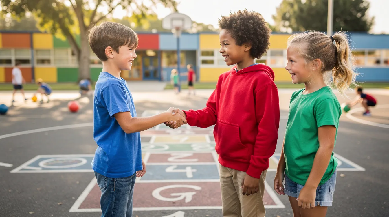 Zwei Kinder schütteln sich die Hand auf einem Schulhof, während ein drittes Kind lächelnd daneben steht. Diese Szene symbolisiert die Versöhnung und den Umgang mit Konflikten im Schulalltag, ein wichtiges Thema in der Grundschule.
