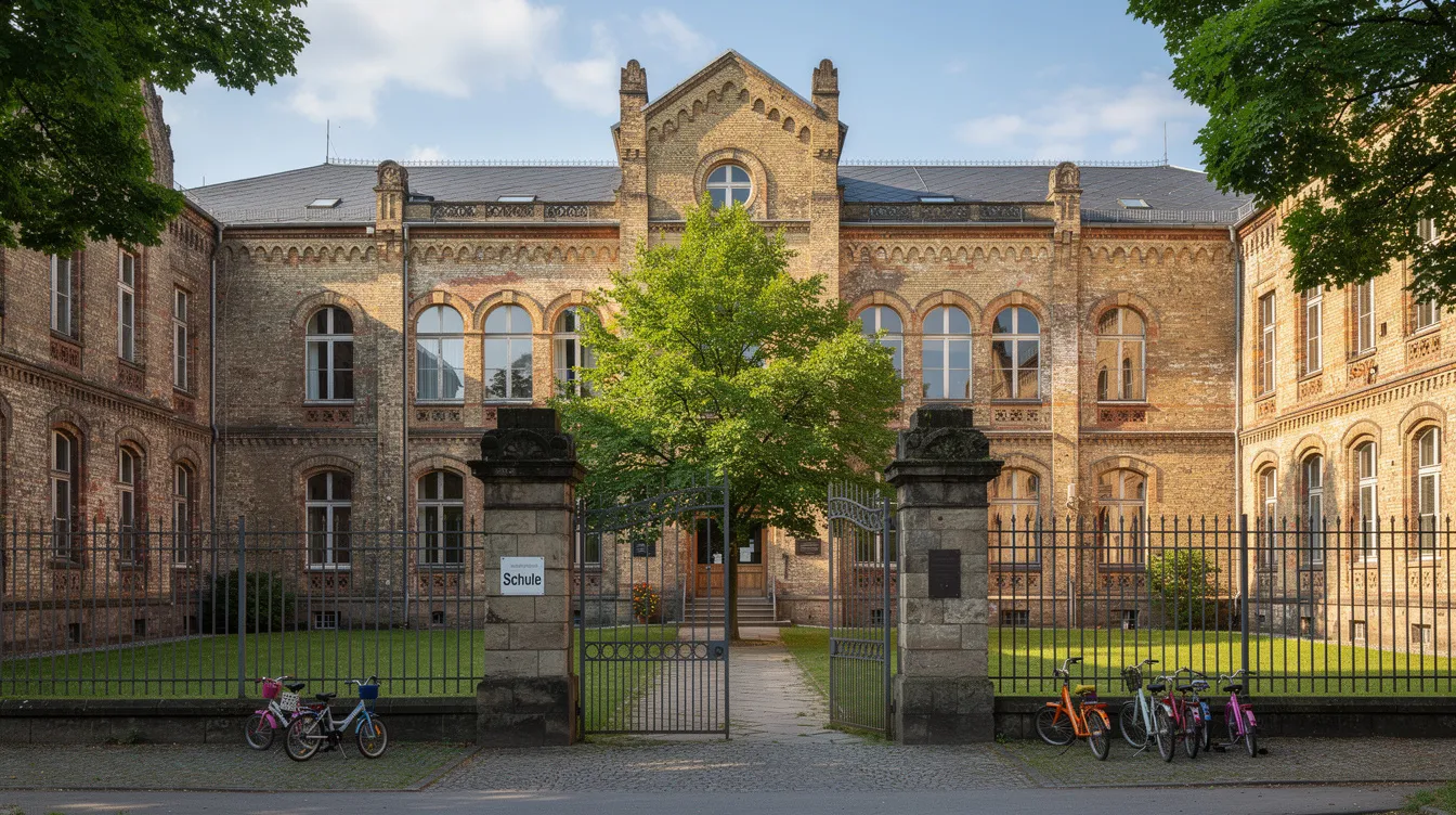 Das Bild zeigt ein historisches Schulgebäude mit einem großen Eingangstor, umgeben von einem grünen Schulhof. Hier finden Kinder und Eltern einen einladenden Ort für den Schulbesuch, an dem auch die Kosten für Schulbücher und Schulmaterialien eine Rolle spielen.