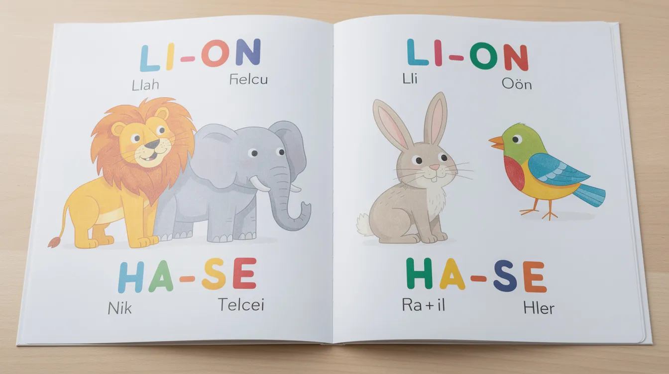 Das Bild zeigt ein aufgeschlagenes Kinderbuch mit bunten Tierillustrationen, die fröhliche Tiere darstellen, sowie farbig markierten Silben, die das Lesen für Erstlesekinder der 1. und 2. Klasse erleichtern. Dieses Buch könnte Teil eines Übungshefts aus dem Mildenberger Verlag sein, das sich auf die Förderung des Lesens und der Tiergeschichten konzentriert.
