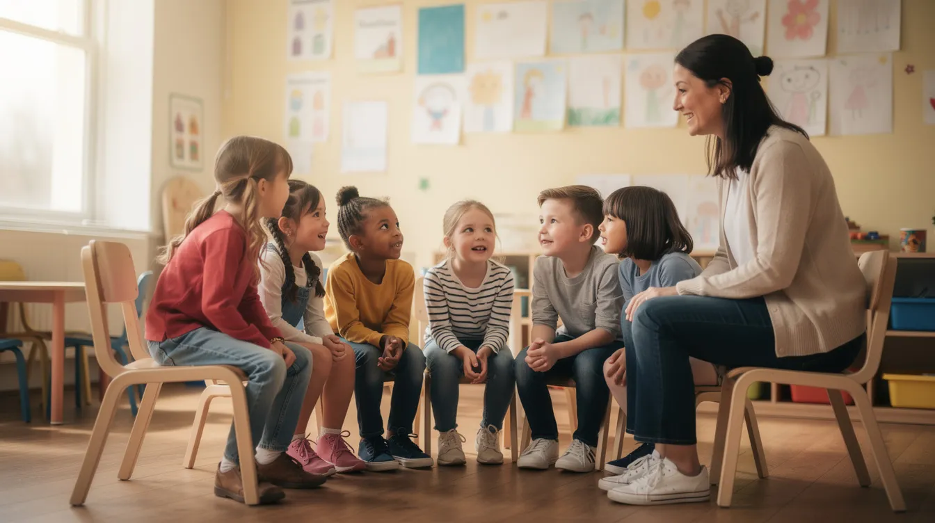 In einem Klassenzimmer sitzen Kinder in einem Stuhlkreis und diskutieren miteinander, während eine Lehrerin aufmerksam zuhört. Diese Szene zeigt den Umgang mit Konflikten und die Bedeutung von Streitigkeiten und deren Lösung im Schulalltag.