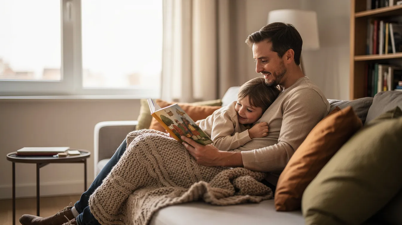 Ein Elternteil und ein Kind sitzen auf einem gemütlichen Sofa und lesen gemeinsam ein Buch. Die beiden sind in die Geschichten vertieft, was eine schöne gemeinsame Zeit und viele spannende Erlebnisse fördert.