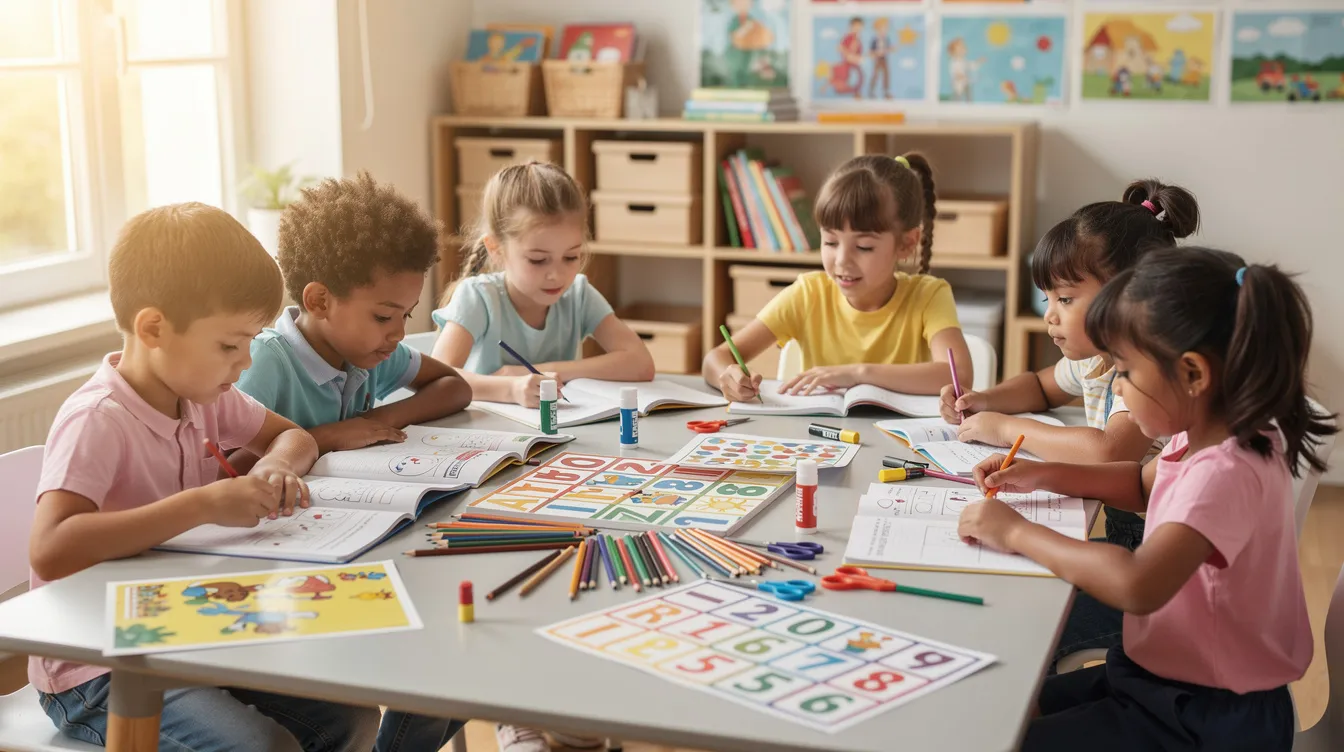 In einem hellen Klassenzimmer sitzen Kinder an einem Tisch, umgeben von bunten Lernmaterialien, Stiften und Arbeitsheften. Die Szene zeigt einen kreativen Unterricht, in dem die Schüler mit Freude lernen und sich auf verschiedene Aktivitäten konzentrieren.