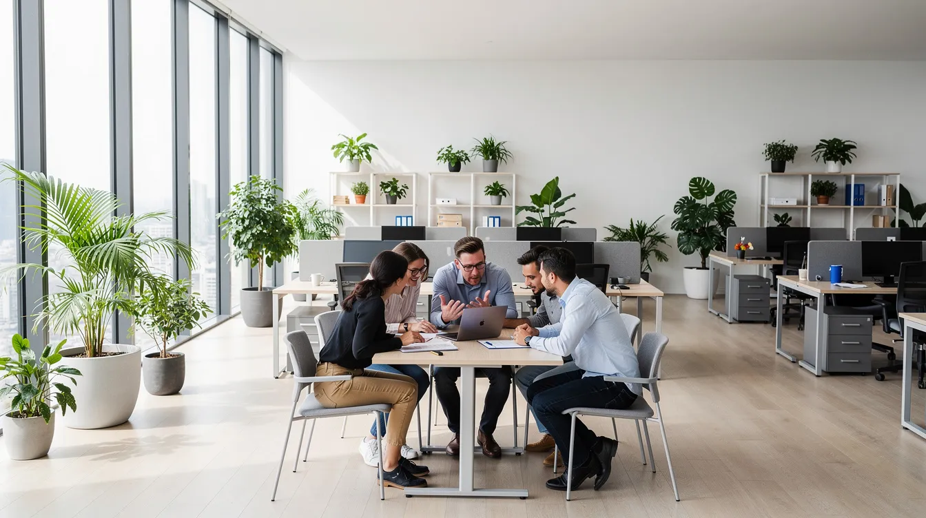 Ein offener Büroraum in Hamburg mit mehreren Arbeitsplätzen, großen Fenstern und Pflanzen. Ein kleines Team von Lehrkräften diskutiert gemeinsam an einem Tisch über innovative Bildungslösungen.