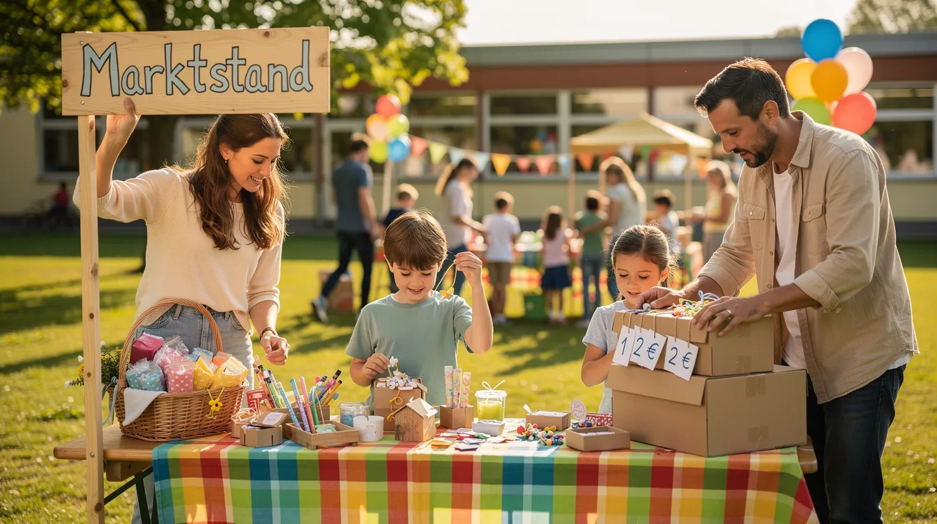 Eine Gruppe von Eltern und Kindern baut gemeinsam einen Marktstand auf, umgeben von einer lebhaften Atmosphäre bei einem Schulfest im Freien. Die Szene spiegelt die Gemeinschaft und das kreative Lernen wider, das typisch für die Waldorfpädagogik an der Rudolf Steiner Schule ist.