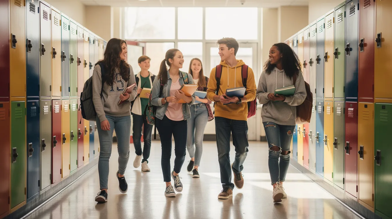 Eine Gruppe von Jugendlichen geht durch einen Schulflur, umgeben von Spinden, während sie Rucksäcke tragen und miteinander sprechen. Diese Szene spiegelt das alltägliche Leben in einer Gesamtschule wider, wo Schülerinnen und Schüler aus verschiedenen Klassenstufen miteinander interagieren.