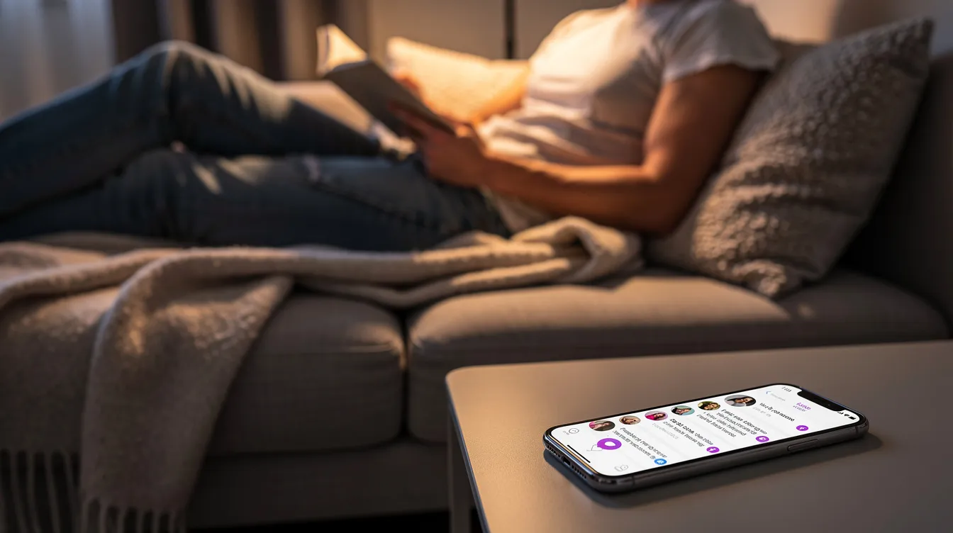 Eine Person sitzt entspannt auf einem Sofa und liest ein Buch, während neben ihr ein Smartphone mit einer geöffneten Social-Media-App liegt. Diese Szene spiegelt die moderne Buchkultur wider, die durch den Deutschen Buchpreis 2025 und die Vielfalt der Romane geprägt ist.