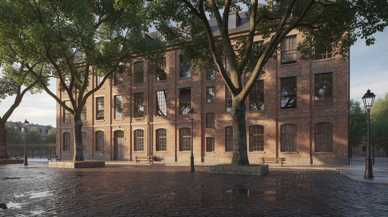 Das Bild zeigt ein historisches Verlagsgebäude aus Backstein mit großen Fenstern, umgeben von einem gepflasterten Platz, auf dem alte Bäume stehen. Diese Szenerie könnte mit der AAP Lehrerwelt GmbH in Verbindung stehen, einem Unternehmen, das sich auf Lehrerfachliteratur und Bildungsprodukte spezialisiert hat.