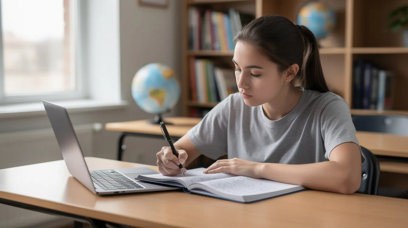 Eine Schülerin sitzt konzentriert an einem Schreibtisch und arbeitet mit einem Notizheft und einem Laptop. Sie ist umgeben von Schulmaterialien, während sie an ihren Hausaufgaben in Fächern wie Mathematik und Physik arbeitet.
