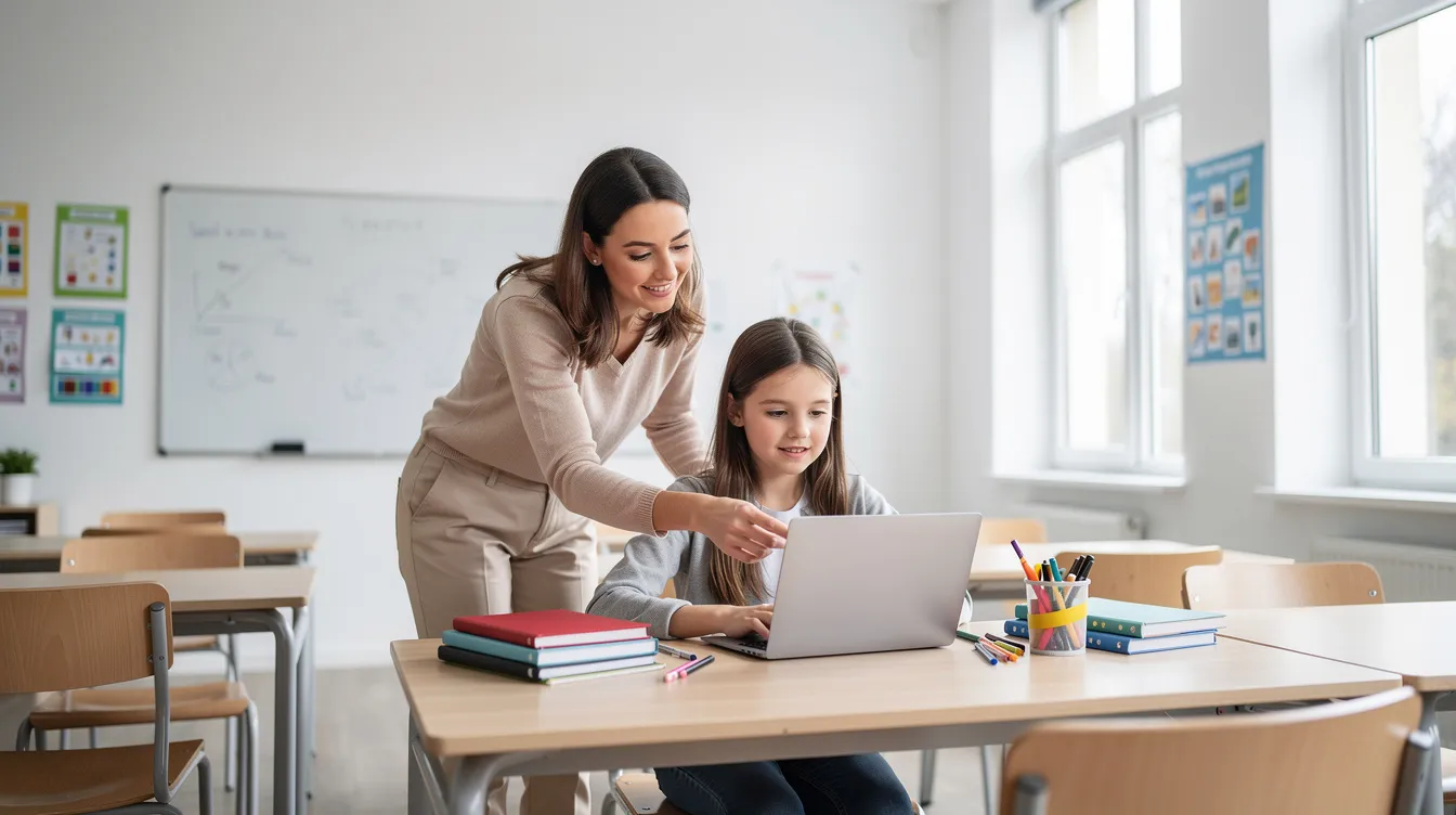 Eine Lehrerin sitzt neben einer Schülerin, die am Laptop arbeitet, in einem hellen und modernen Klassenzimmer. Die Lehrerin bietet Unterstützung bei der Nutzung von KI-Tools, um die Lerninhalte effektiv zu vermitteln.