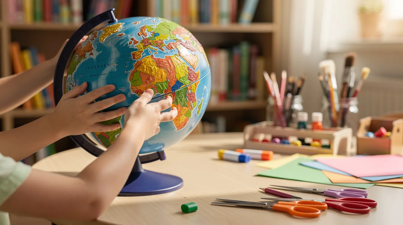 Auf dem Bild sind Kinderhände zu sehen, die einen bunten Reliefglobus auf einem Holztisch drehen. Im Hintergrund befinden sich Bücherregale und verschiedene Bastelmaterialien, die eine kreative Lernumgebung an der Eilsleben Freien Grundschule darstellen.