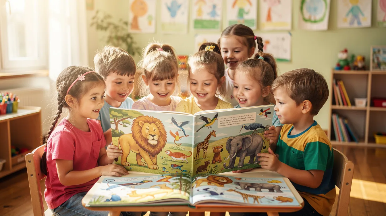 Eine Gruppe von Kindern sitzt in einem Klassenraum und liest gemeinsam ein buntes Buch mit Tierillustrationen. Die Kinder zeigen auf die Bilder und diskutieren über die verschiedenen Tiere, was die Freude am Lesen und Lernen fördert.