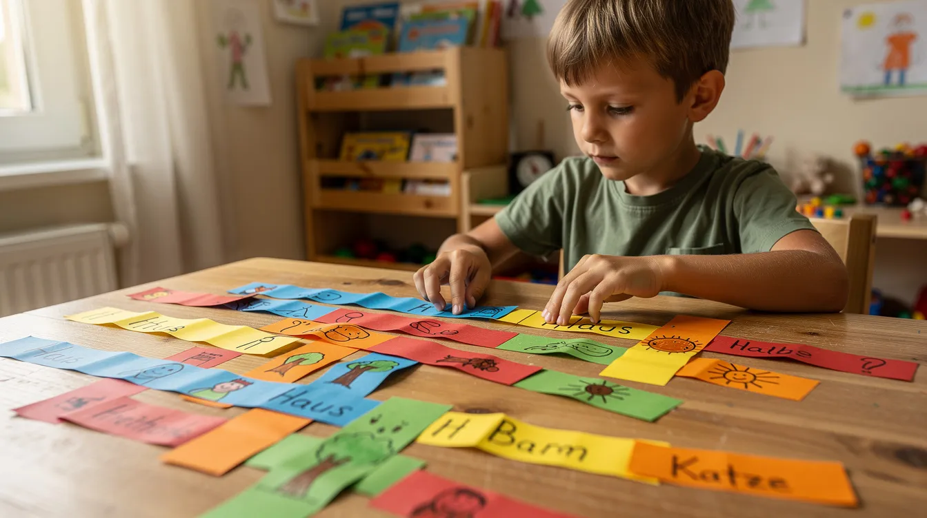 Ein Kind sitzt an einem Tisch und ordnet bunte Papierstreifen, um daraus eine Geschichte zu gestalten. Die verschiedenen Farben und Formen der Streifen bieten eine abwechslungsreiche Auswahl für kreative Texte im Deutschunterricht der Grundschule.