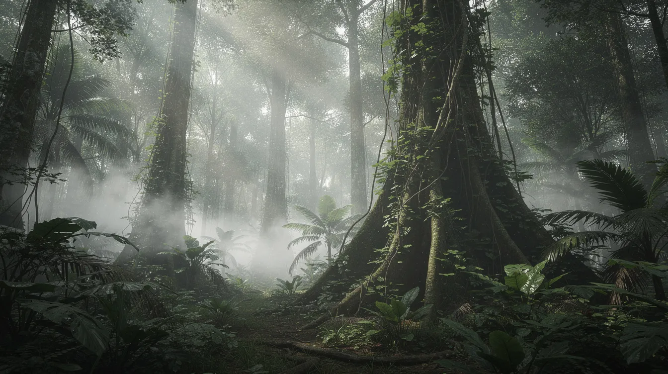 Ein dichter tropischer Dschungel ist zu sehen, in dem hohe Bäume und üppige Vegetation von Nebelschwaden umhüllt sind. Diese geheimnisvolle Szenerie könnte inspirierend für die Romane von Autoren wie Dorothee Elmiger oder Christine Wunnicke sein, die auf der Shortlist des Deutschen Buchpreises stehen.