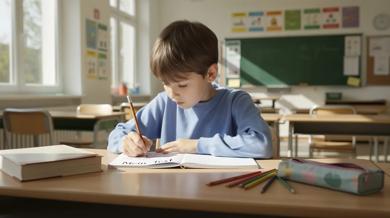 Ein Kind sitzt an einem Schreibtisch in einem hellen Klassenzimmer und schreibt konzentriert an einem Aufsatz. Umgeben von Unterrichtsmaterialien, nutzt es abwechslungsreiche Satzanfänge, um seine Gedanken und Erlebnisse in klare Sätze zu fassen.