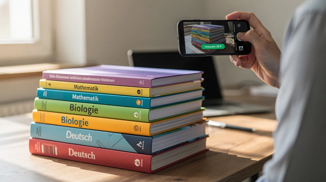 Eine Person hält ein Smartphone in der Hand und fotografiert einen Stapel gebrauchter Schulbücher, die ordentlich auf einem Tisch gestapelt sind. Die Bücher sind in verschiedenen Fächern wie Physik, Chemie und Deutsch, und der Zustand der Exemplare ist gut, ideal für den Online-Verkauf von Schulbüchern.