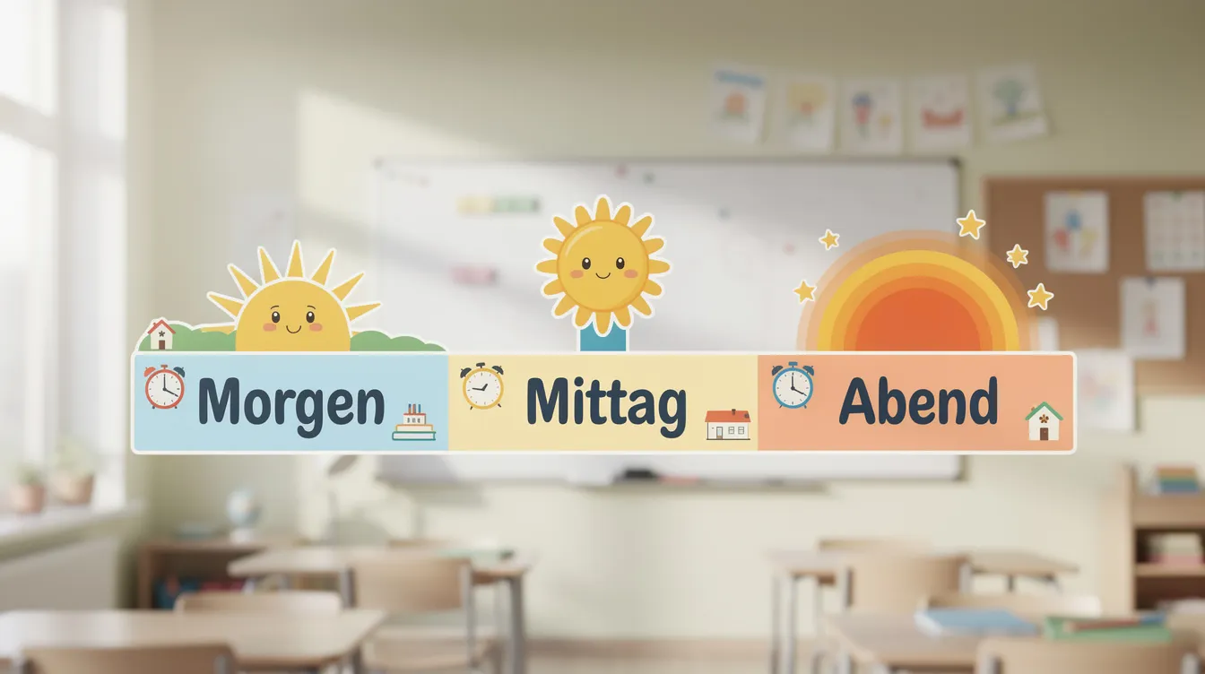 Der bunte Zeitstrahl an der Klassenzimmerwand zeigt Symbole für Morgen, Mittag und Abend, um den Kindern die verschiedenen Zeitformen im Deutschunterricht näherzubringen. Die Darstellung unterstützt das Verständnis von Gegenwart, Vergangenheit und Zukunftsformen, während die Schüler lernen, die Verben korrekt zu konjugieren und zu verwenden.