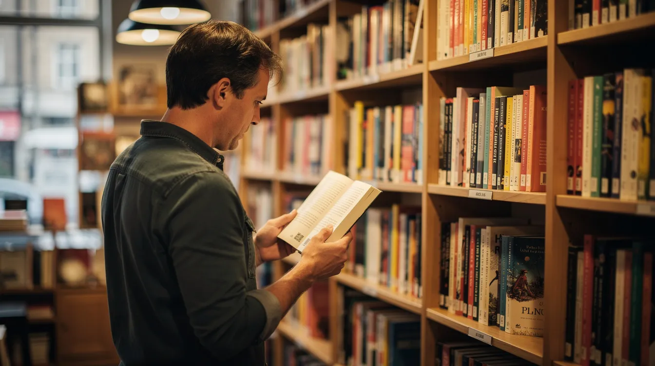 Eine Person steht vor einem Bücherregal in einer Buchhandlung und liest aufmerksam die Rückseite eines Buches. Die Umgebung ist von Regalen voller Bücher geprägt, die verschiedene Themen und Genres abdecken, während die Person über die Auswahl nachdenkt und sich für ein passendes Buchprojekt interessiert.