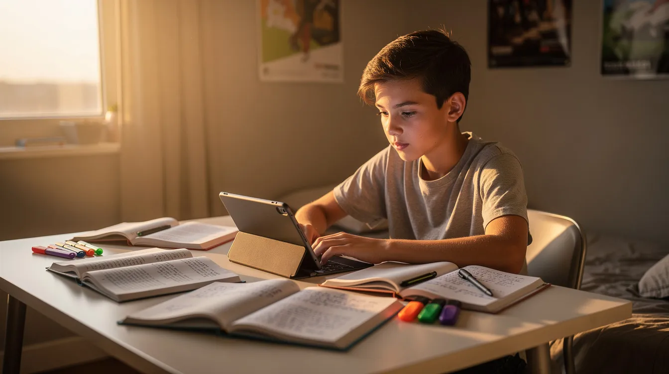 Ein Jugendlicher sitzt an einem Schreibtisch, umgeben von Schulbüchern und einem Tablet, während warmes Abendlicht den Raum erhellt. Die Szene vermittelt das Gefühl von konzentriertem Lernen und Unterstützung durch moderne KI-Tools für Hausaufgaben.