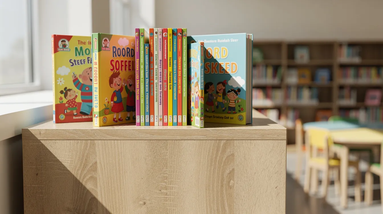 Bunte Kinderbücher sind ordentlich auf einem Holzregal in einer hellen Schulbibliothek angeordnet. Diese Bücher laden zum Lesen ein und fördern die Bildung der Schüler in einer inspirierenden Umgebung.