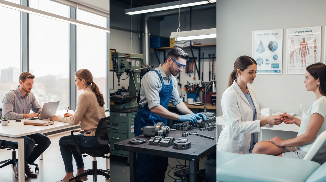 Das Bild zeigt junge Berufstätige in verschiedenen Arbeitsumgebungen: ein Büro, eine Werkstatt und eine Praxis. Diese Szenen verdeutlichen die vielfältigen Möglichkeiten nach dem mittleren Bildungsabschluss, wie dem Realschulabschluss, und zeigen, wie wichtig die Ausbildung für die berufliche Karriere ist.
