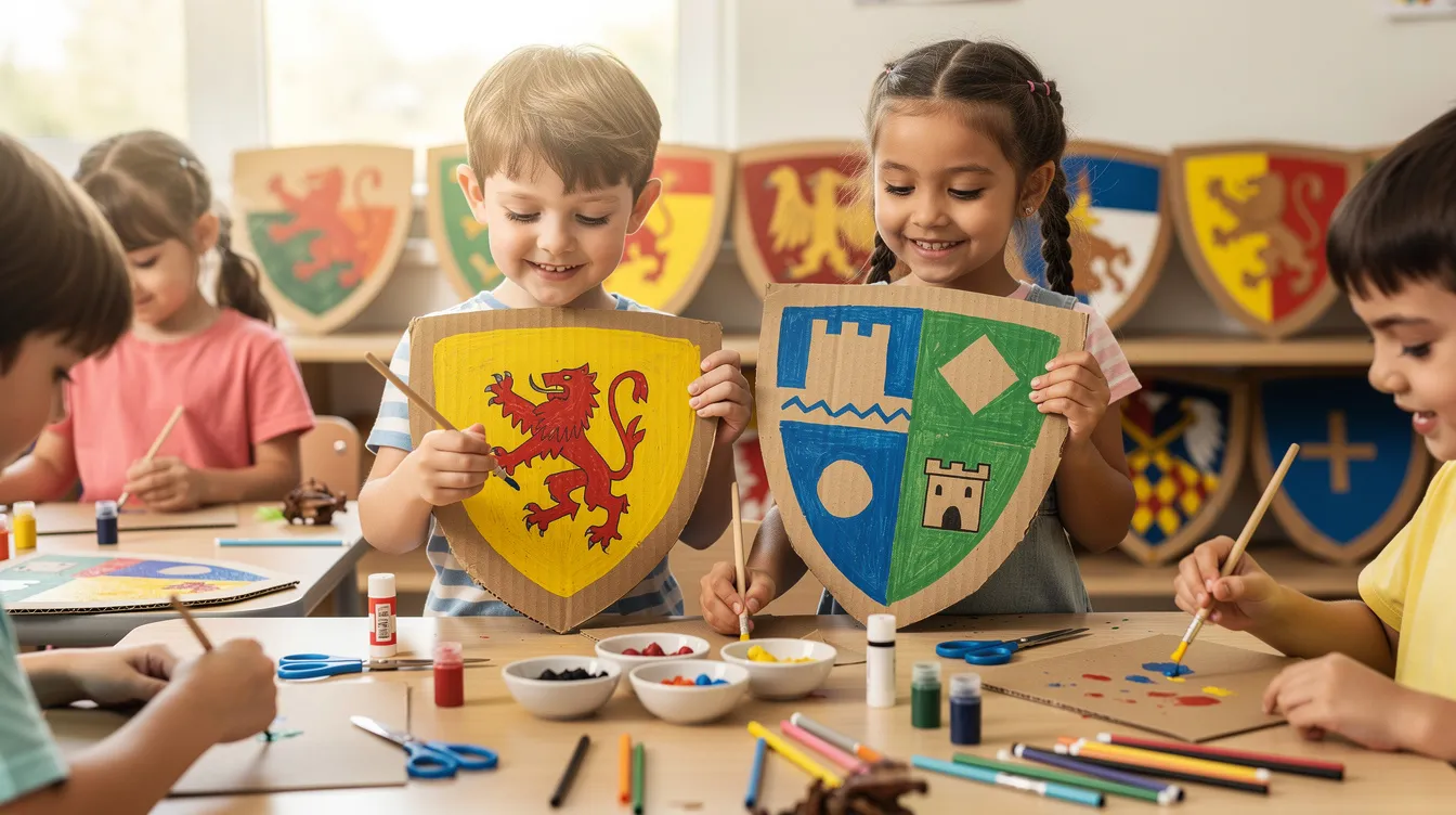 Eine Gruppe von Grundschulkindern bastelt mit Freude bunte Ritterschilde aus Pappe und bemalt sie mit verschiedenen Wappen, während sie das Thema "Ritter und Burgen" im Unterricht erkunden. Die Kinder zeigen ihre Kreativität und Begeisterung für das Mittelalter.