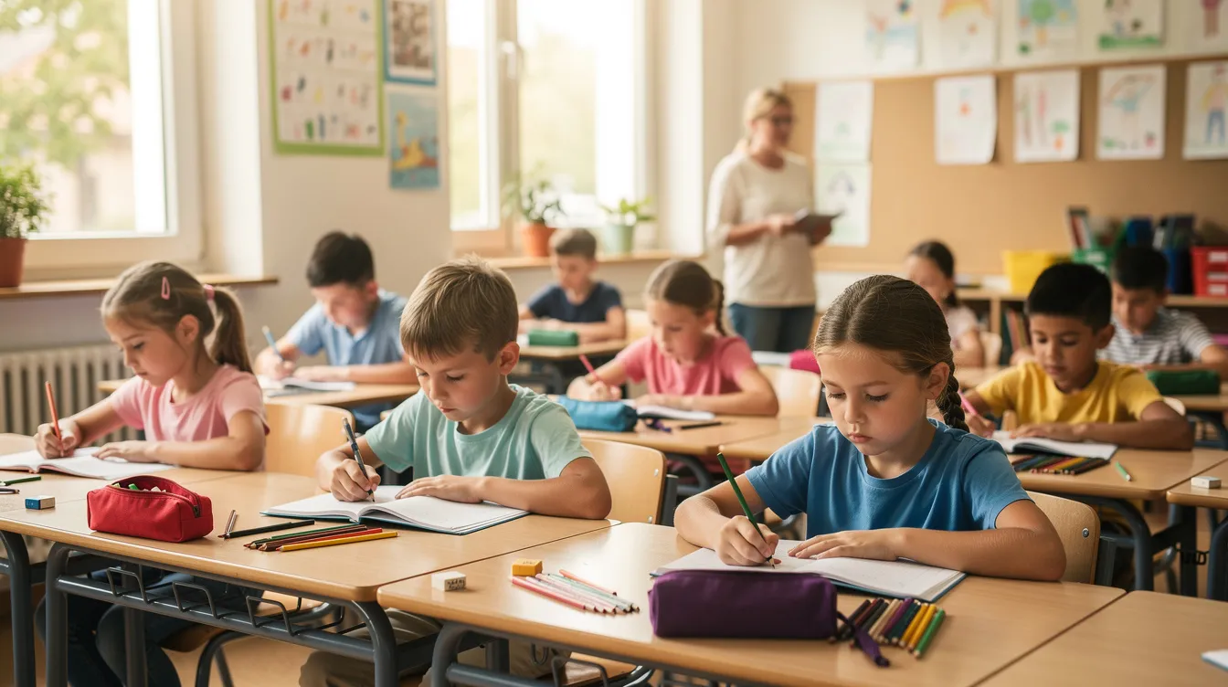 In einem Klassenzimmer sitzen Grundschulkinder an ihren Tischen und schreiben konzentriert in ihre Hefte. Die Schüler üben verschiedene Zeitformen des Deutschen, während sie an ihren Arbeitsblättern arbeiten.